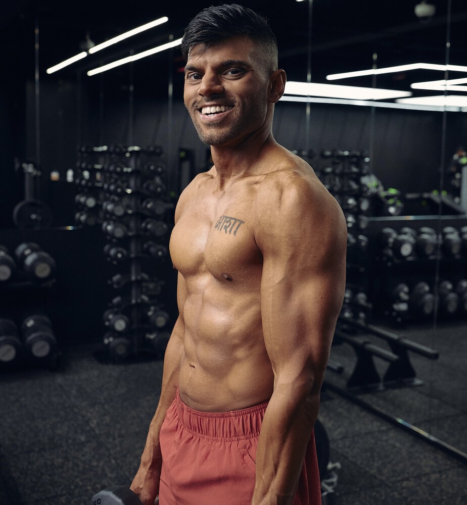 South Asian vegan body transformation showing Dr. Amar’s fitness progress with KMAK Fitness.